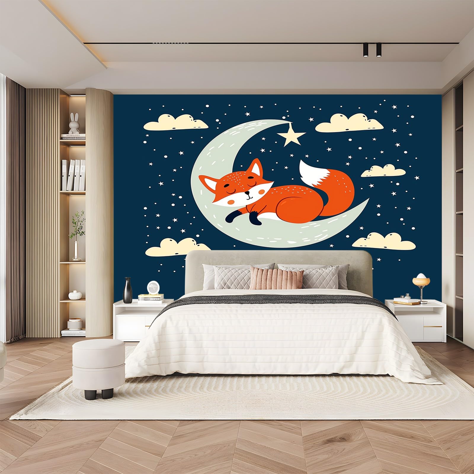 Tapeta śliczny księżyc z kreskówki, 300 x 210 cm, tapeta z włókniny, ciemnoniebieska, tapeta ścienna do salonu, biura, sypialni, tapeta dekoracyjna