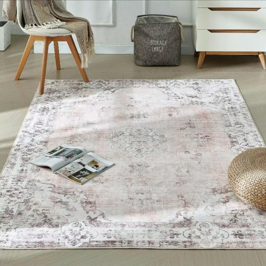 Tapis doux salon avec design imprime vegetal et tapis chambre adulte rose 90x200cm