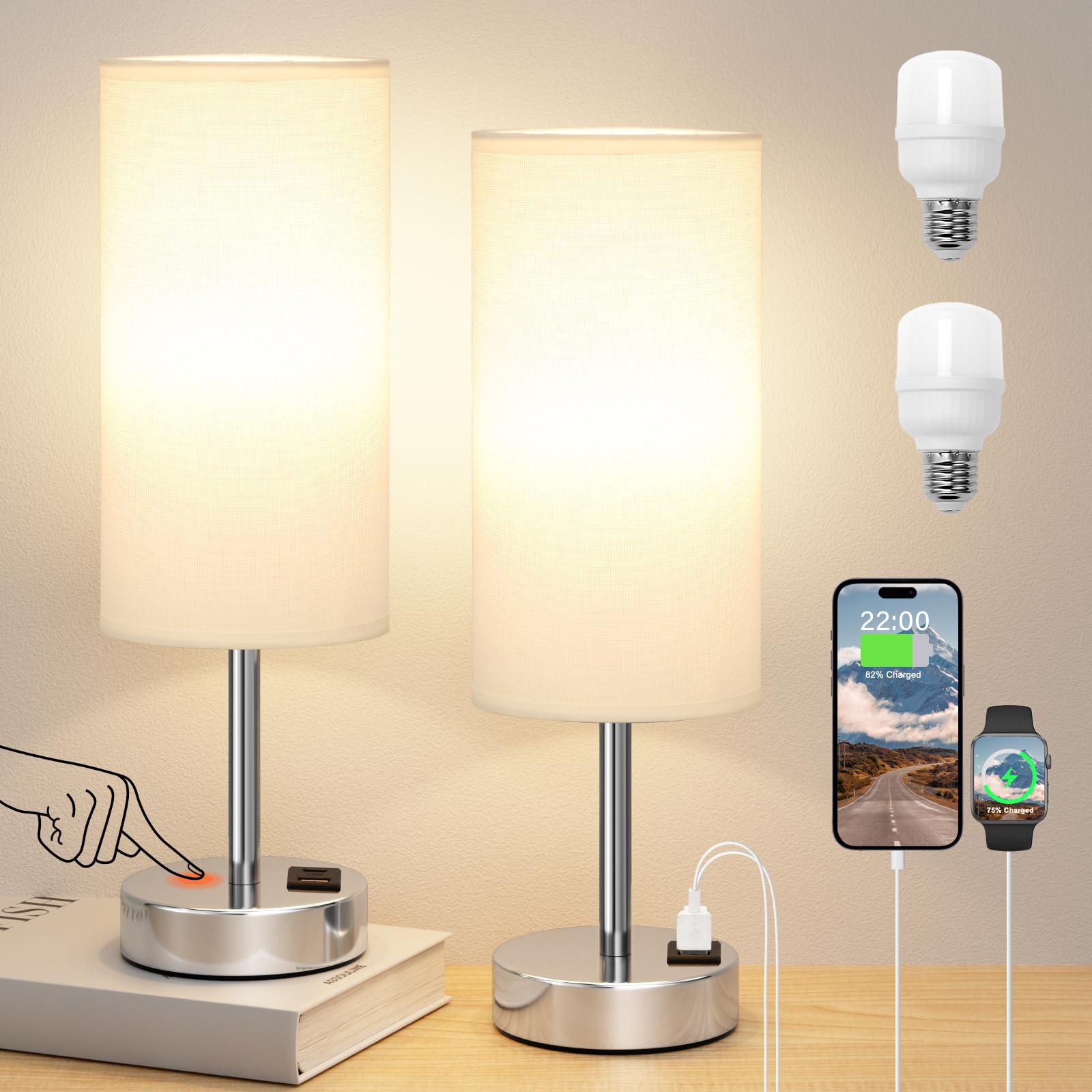 Set di 2 lampade da comodino per camera da letto, lampada touch per comodino con porte di ricarica USB-A+C, 3 vie, dimmerabile, piccola, lampada da scrivania bianca per ufficio, dormitorio, soggiorno