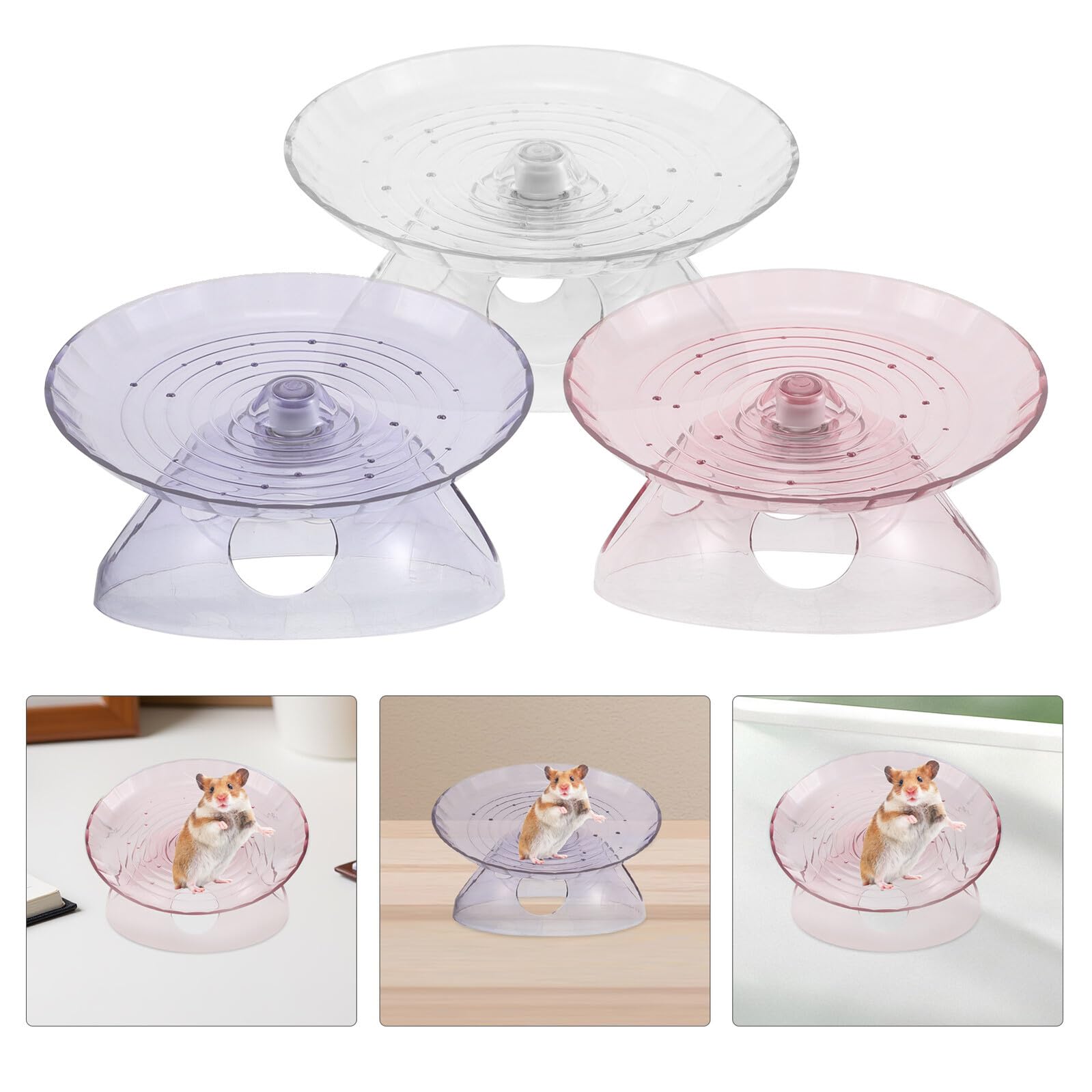 Set 3 Pezzi Ruota a Forma di Disco per Criceti Silenziosa in Plastica con Nascondiglio Integrato, Rotella per Esercizio e Rifugio per Piccoli Animali Domestici, per