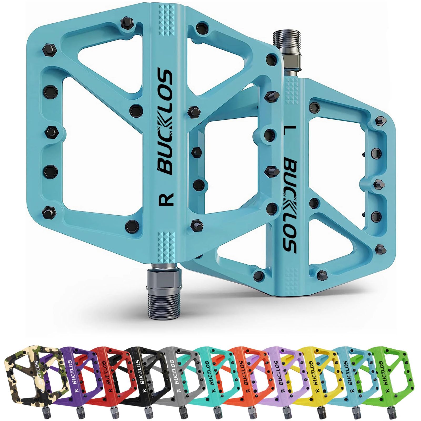BUCKLOS Mountain Bike Pedals MTB Pedals Flat, Adult Bicycle Road Bike Large Platform Nylon Non-Slip Pedal for Gravel Bike/Hybrid Bike 9/16"