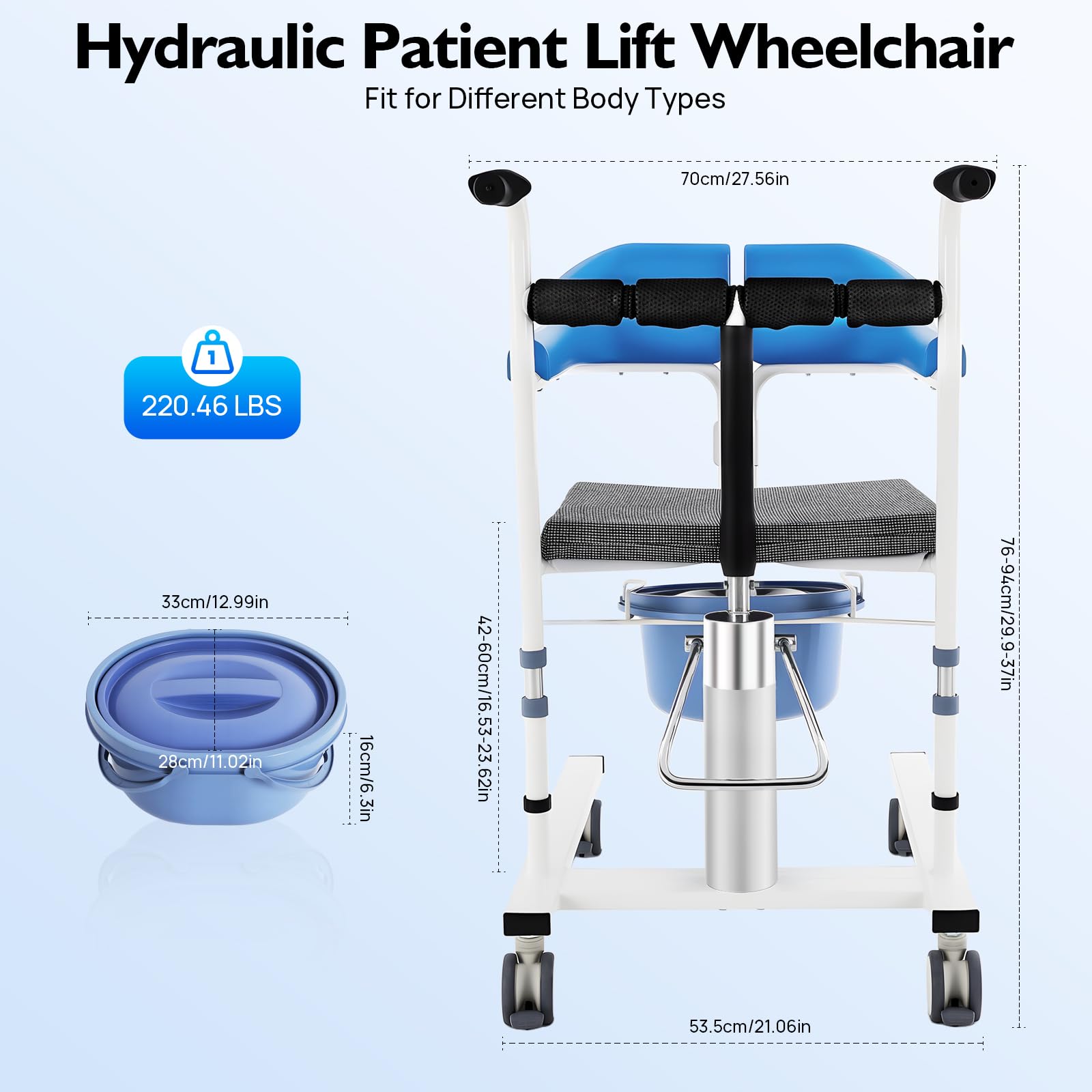Silla Elevadora Hidráulica de Transferencia para Pacientes que Pueden Mantenerse Sentados, Altura Ajustable 42-60 cm, Carga 100 kg, Respaldo 180°, Ruedas con Freno, Ducha e Inodoro, Azul