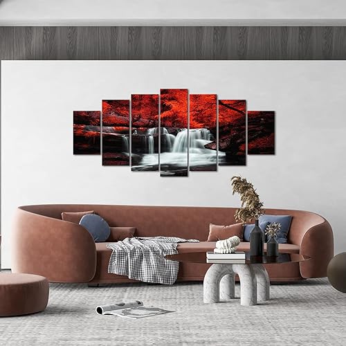 Miniatura 2 de LevvArts Arte de pared en blanco y negro, 7 piezas de bosque de árboles rojos, cascada, lienzo impreso en lienzo de paisaje otoñal enmarcado para