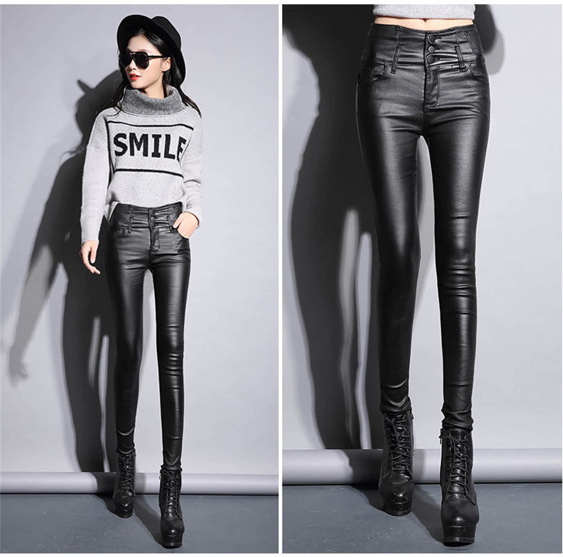 Damskie seksowne spodnie ze sztucznej skóry Push Up stylowe obcisłe legginsy Slim Fit guziki rozciągliwe obcisłe spodnie skórzane (czarne 3XL)