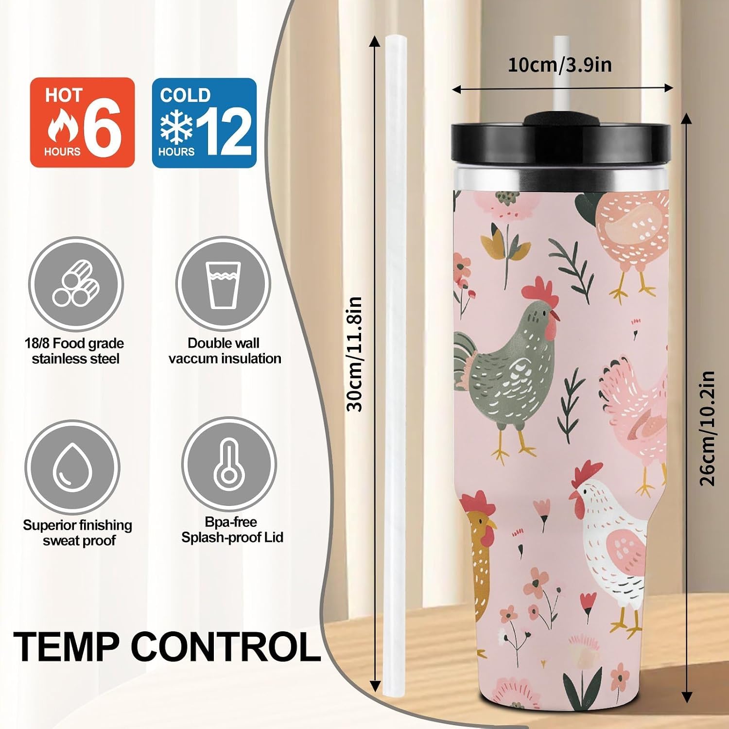 Stainless Steel 40oz Tumbler Travel Mugs, Country Style Chicken image 2