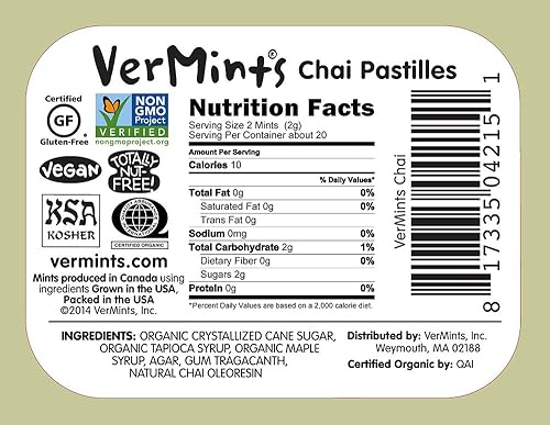 Vista 22 de Mentas orgánicas de VerMints, sabor a menta, todo natural, sin OMG, sin nueces, sin gluten, vegano, KSA Kosher, paquete de 6, latas de 1.41 onzas