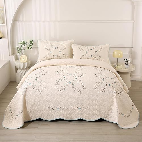 Miniatura 10 de vctops Elegante juego de edredón bordado floral tamaño Queen, 100% algodón, reversible, acolchado con borde festoneado, colcha suave y ligera con 2