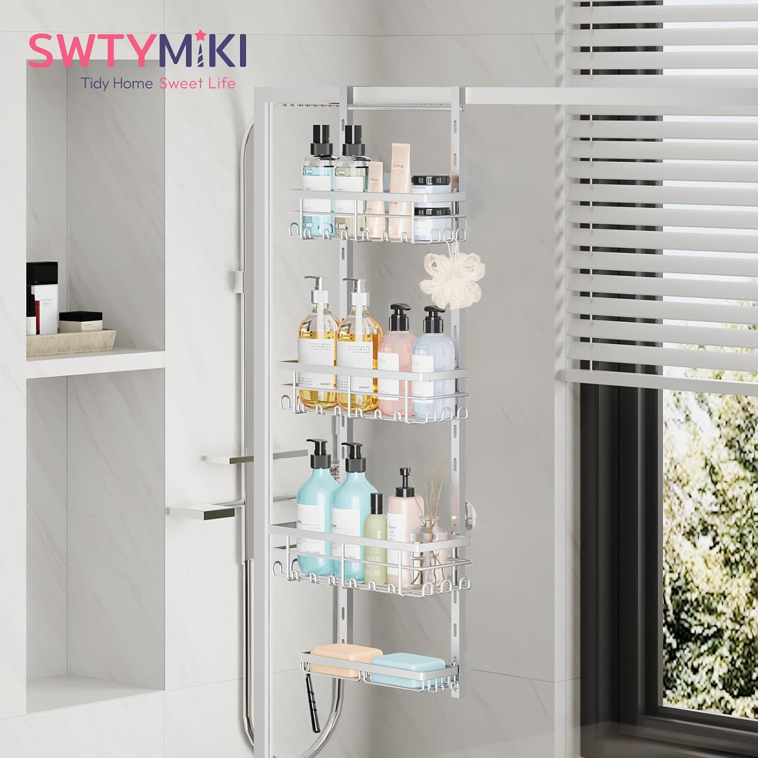SWTYMIKI Over The Door Shower Caddy - 4 Tier Rustproof Hanging Shower Organizer with Adjustable Shelves, 40 Hooks & Soap Holder, Hanging Shower Rack Storage for Bathroom Accessories, Silver