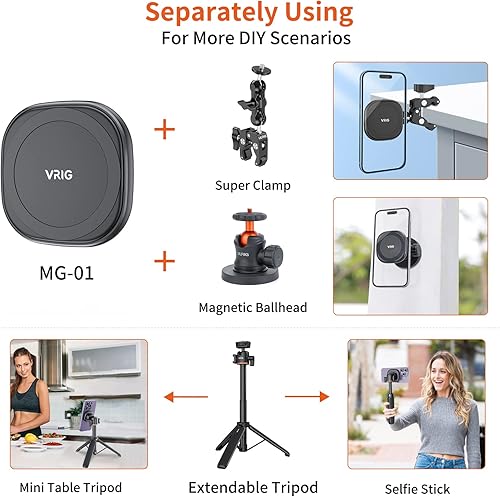 Miniatura 7 de VRIG Trípode magnético, trípode magnético extensible de 21.6 pulgadas + soporte magnético de trípode de 14 pulgadas + anillo magnético, soporte de