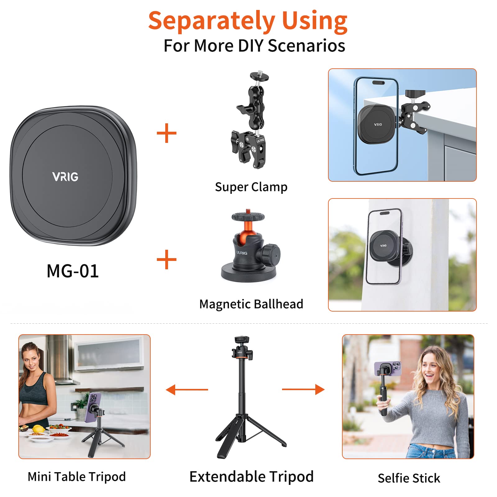 VRIG Perche à selfie magnétique extensible de 54,9 cm avec support de trépied magnétique de 6,35 mm + anneau magnétique, trépied pour téléphone portable iPhone 16.15.14.13.12 et tous les téléphones et
