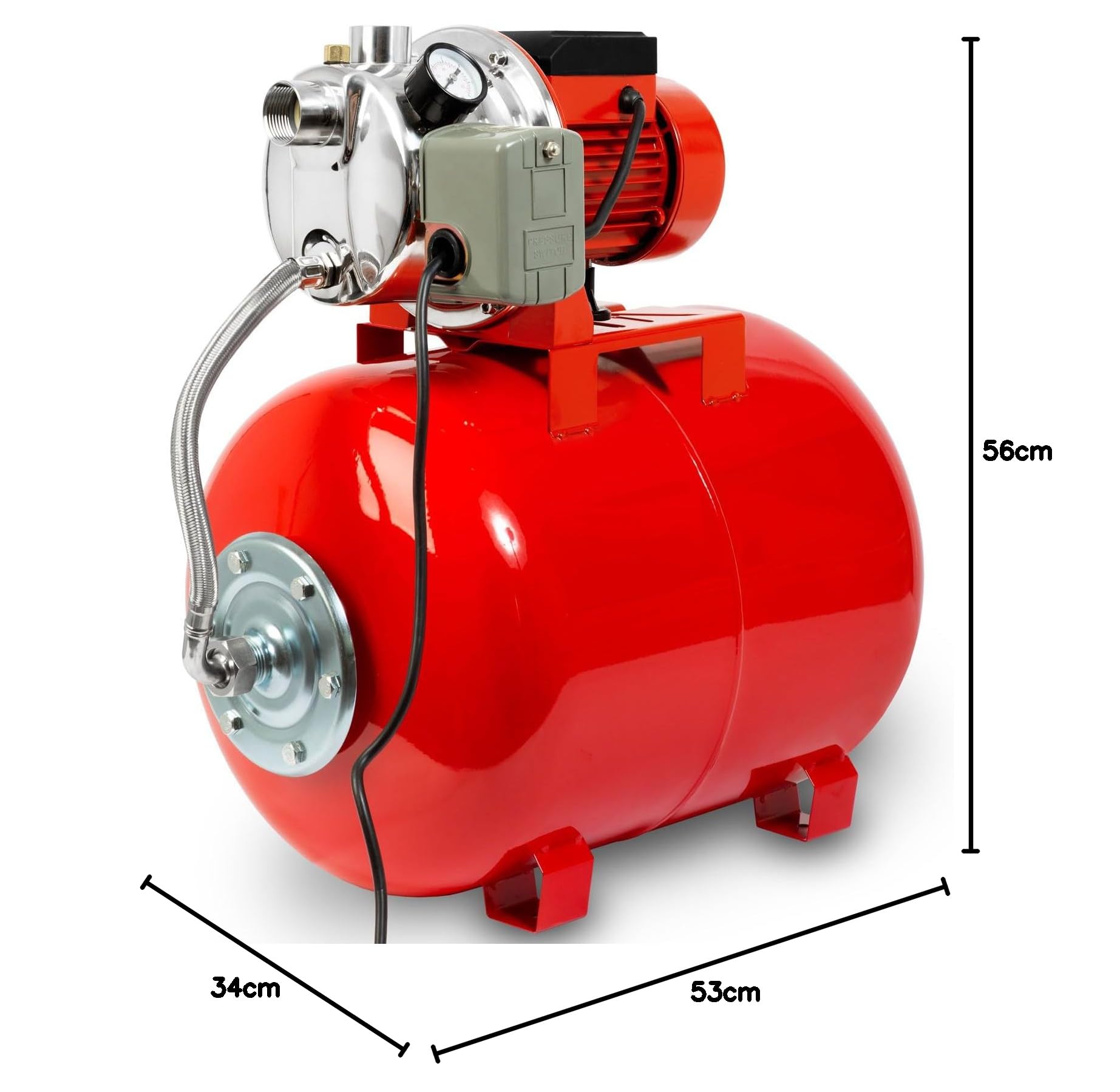 EBERTH Bomba de agua doméstica 3600L/h, 4 bar, 750W, presostato para funcionamiento automático, Depósito de 50L acero pintado, autocebante, altura de aspiración 9m, altura de impulsión 40m