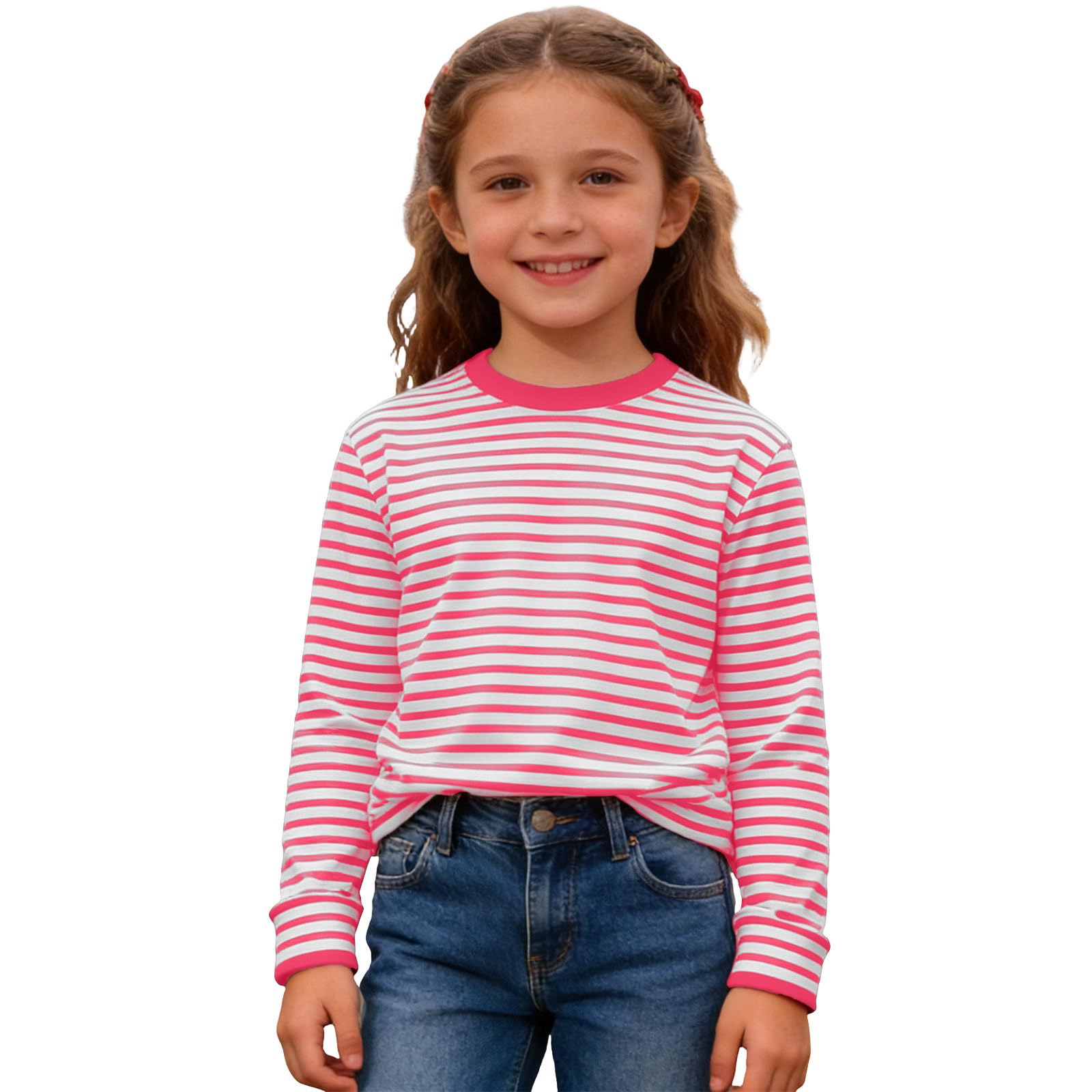 Striped Shirt Children's Red/White Striped Long Sleeve Shirt Girls Boys Shirt Glunker Crew Neck T-Shirt Top Striped Long-Sleeved Pullover Sailors Carnival Fancy Dress Costume 3-14 Years, C-hot pink, 5