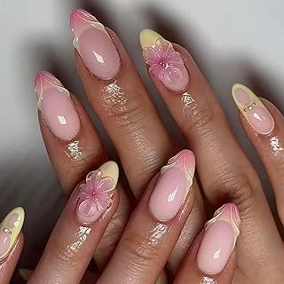 Medium Almond Press on Nails 3D Wave | Ombre | French Tip Fake Nails with Crystal Flower Design Glossy Fall Winter False Nails Pearl Nail Charms Crafts Glue on Nails for Women Daily Wear Manicure Tips