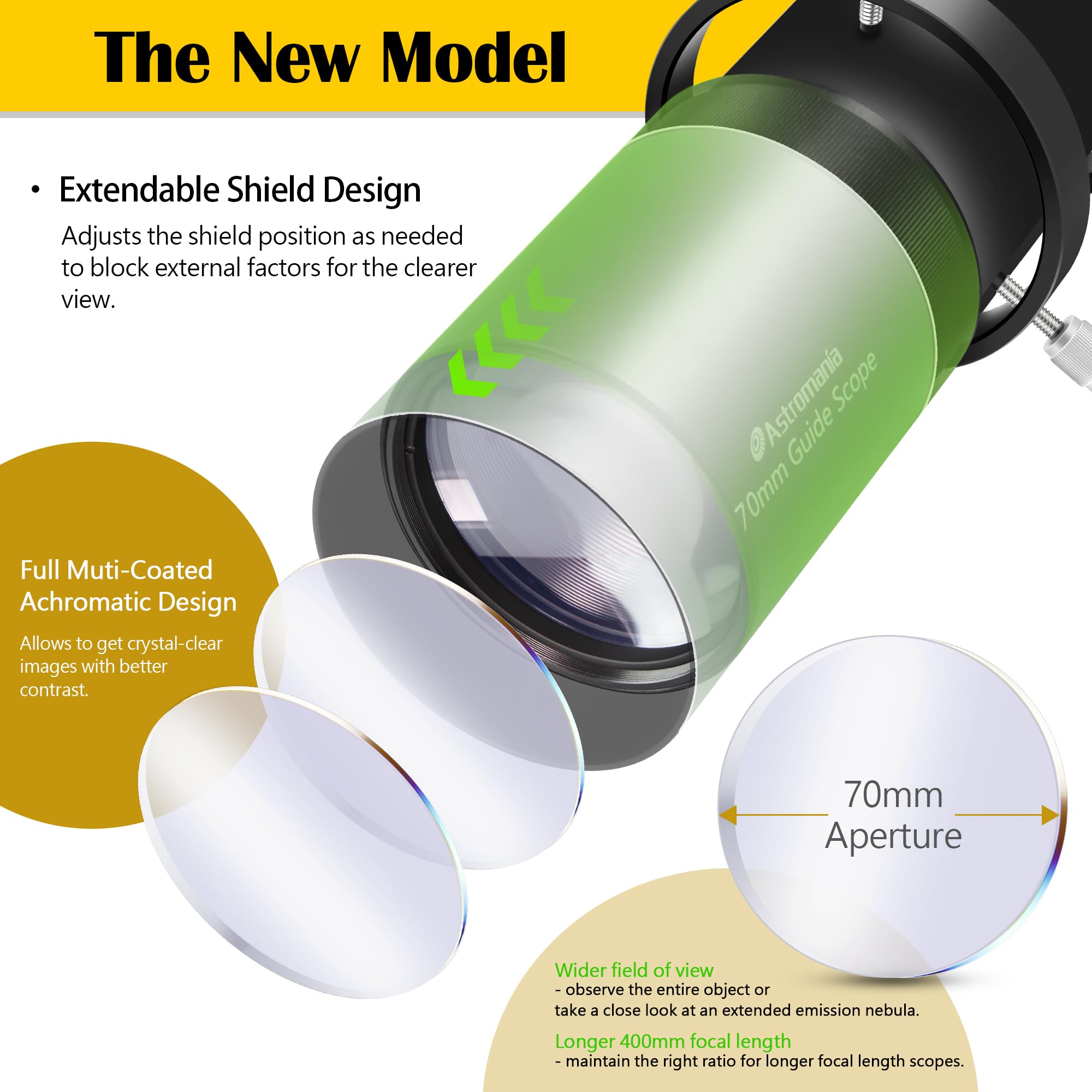 Astromania Alcance guía mejorado de 70 mm FMC con enfoque helicoidal doble, kit de guía de buscador de lujo compatible con ocular de 1.25 pulgadas para telescopio de astronomía y cámara de guía