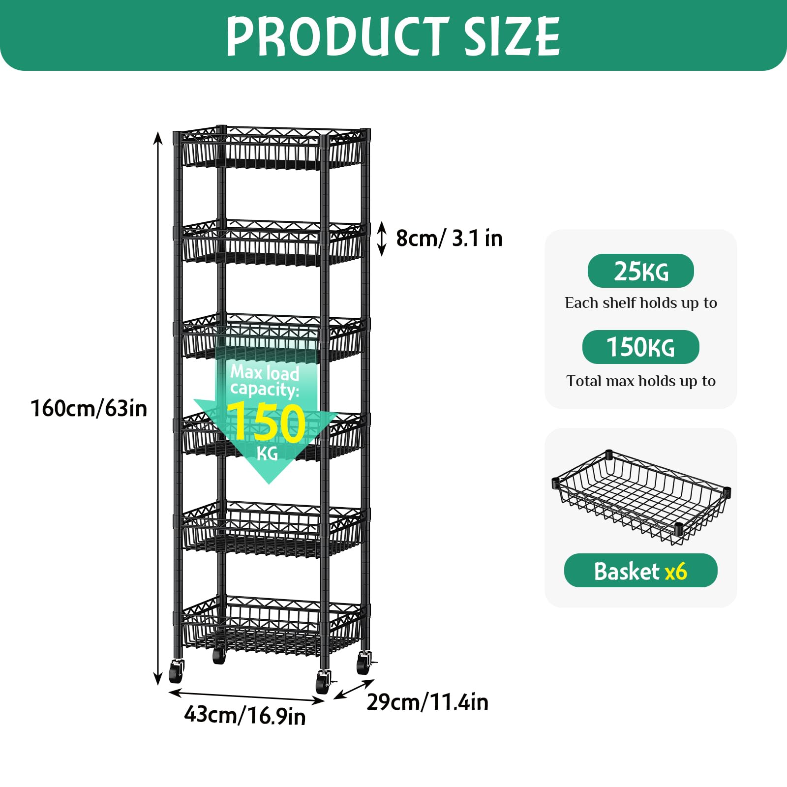 Scaffale a 6 ripiani in filo metallico, regolabile, per garage, cucina, ufficio, dispensa, lavanderia, colore nero, 43 x 29 x 160 cm
