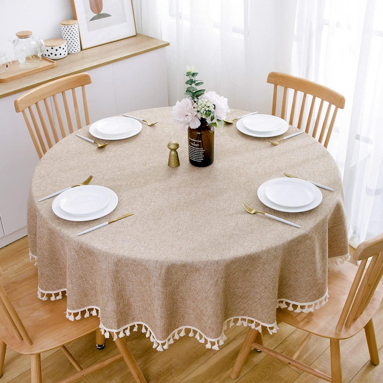 Round Tablecloth, Cotton Linen Tassel Table Cover for Kitchen Dinner Table, Decorative Solid Color Table Desk Cover, Suit for Round 20-44" Table, with Tassel Diameter 60inch/150cm, Brown