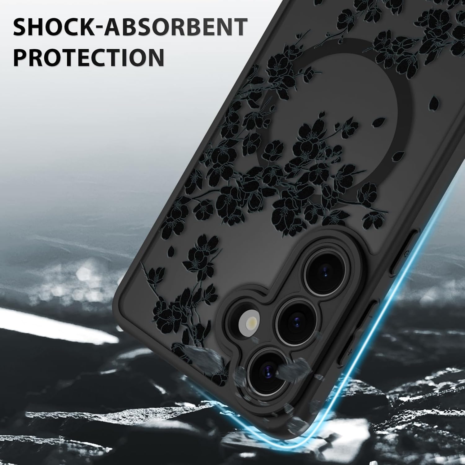 OOK Case Fit for Samsung Galaxy S26 6.3 Inch (Wireless Charging Compatible) Black Floral Flowers Design Translucent Phone Cover Soft TPU + Hard PC Anti-Scratch Shockproof Magnetic Case for Women