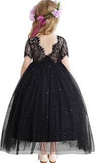 Flower Girl Lace Back V-Neck Dress Full-Length Floral Embroidered Toddler Tutu Tulle Dresses for Girls