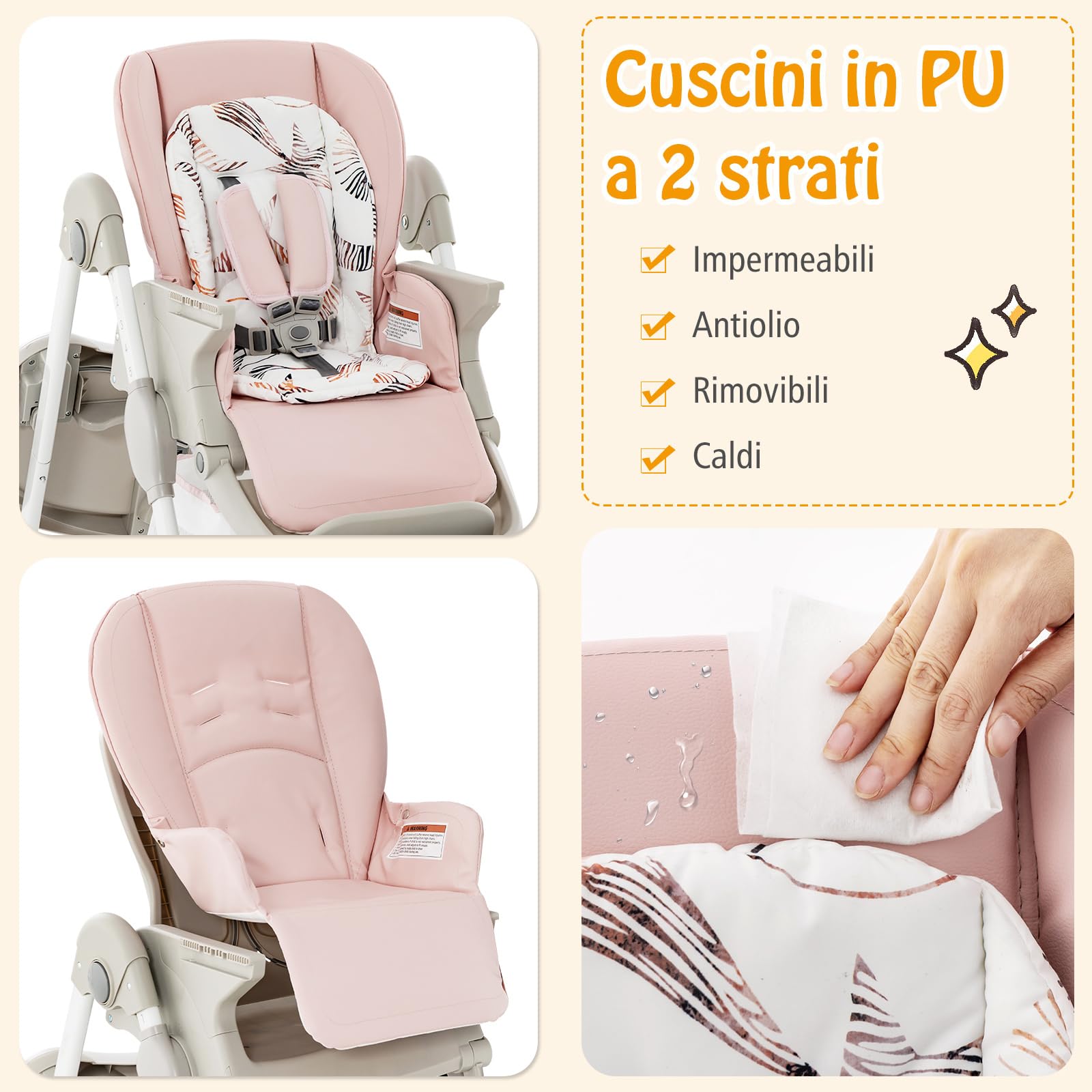 COSTWAY Seggiolone Pappa per Bambini e Neonati, Seggiolone Pieghevole Multifunzione con Ruote, Altezza Regolabile, Poggiapiedi e Schienale, Vassoio Rimovibile, per 6-36 Mesi (Rosa)
