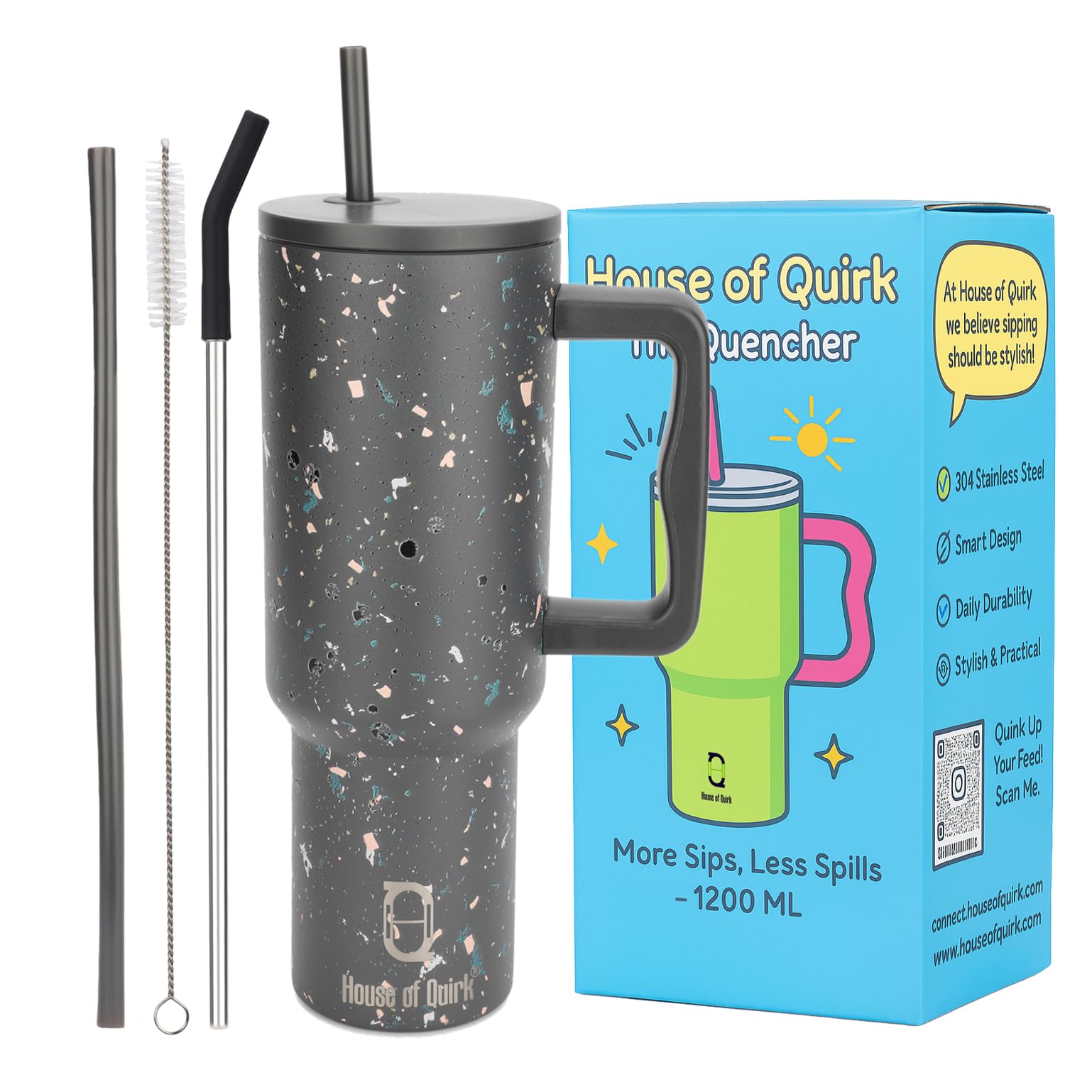 House of Quirk 1200ML Stainless Steel Tumbler with Handle & Lid, 2 Straws – Large Travel Mug Water Cup for Gym, Office & Outdoor Use (Grey Paint)