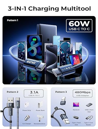 Miniatura 3 de Cable USB C de 60 W de carga rápida USBC a USBC Cable de 3.3 pies, paquete de 2 cables USB A a USB C, cambiador tipo C trenzado para iPad Pro, cable