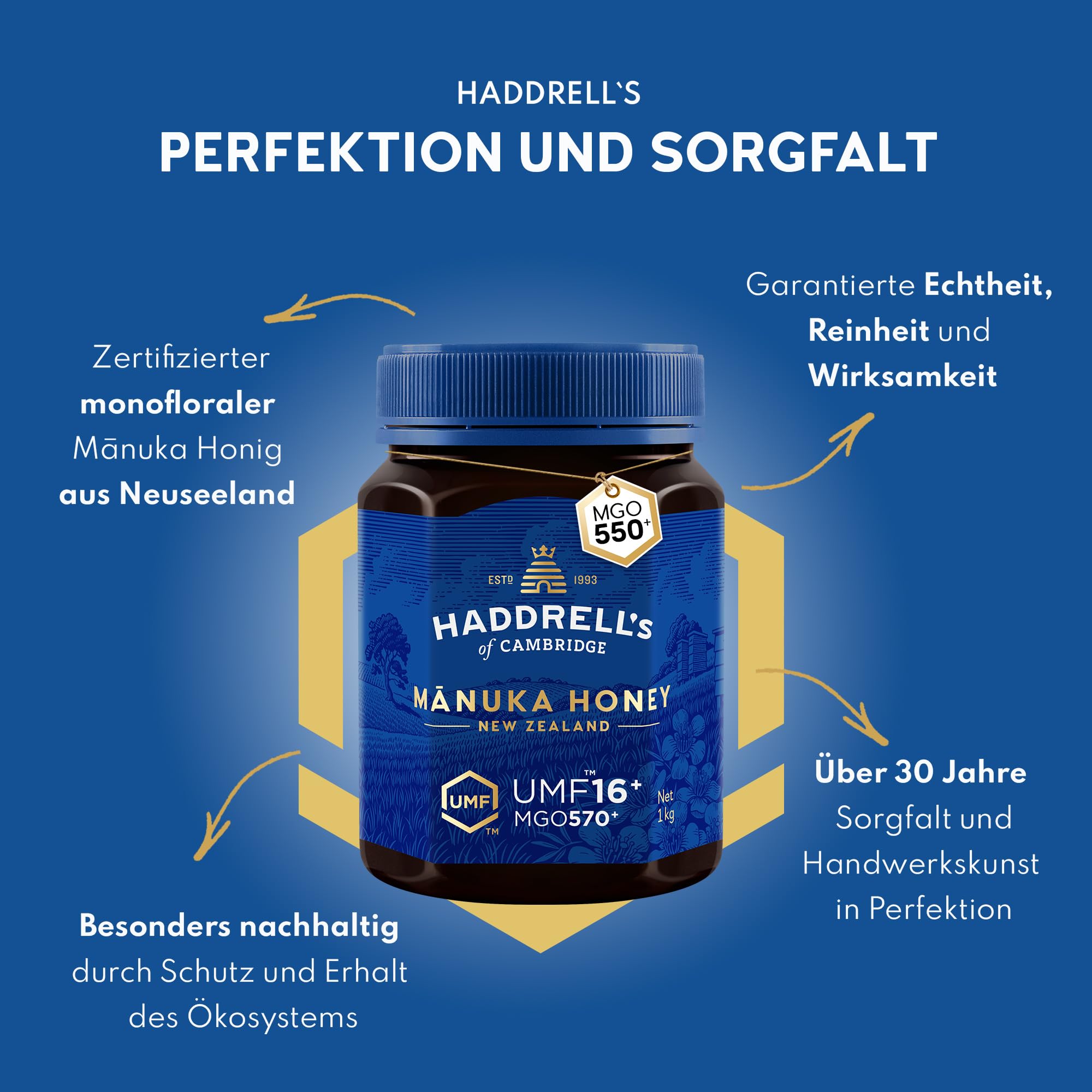 Haddrell's of Cambridge Manuka Honig 550+ MGO (UMF 16+) 1KG | roh und mit hohem MGO-Gehalt | Honig in Premium-Qualität, für Frühstück, Tee, Vorrat und Geschenkideen