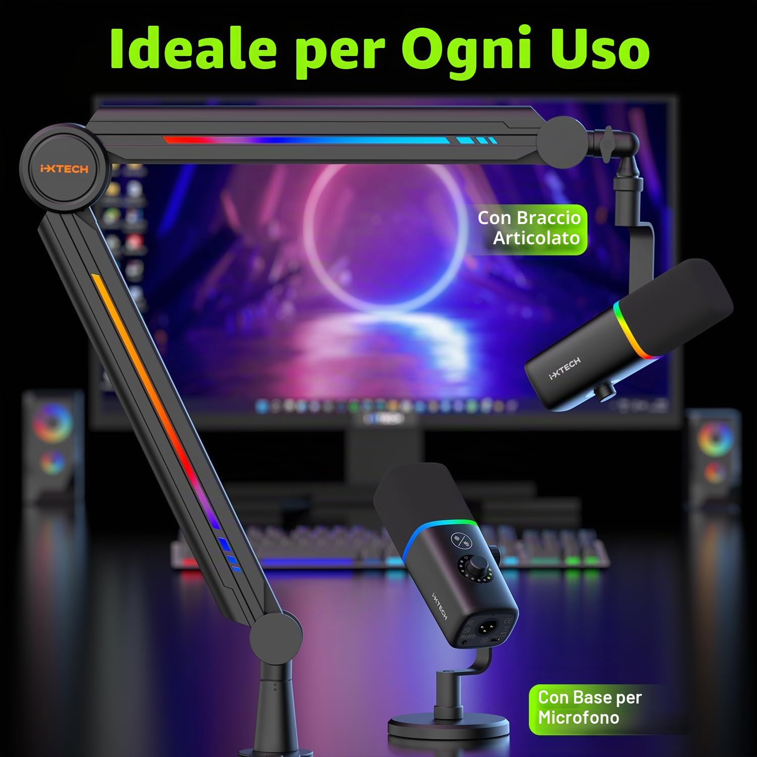 IXTECH Microfono USB da gioco per PC, con cancellazione del rumore, microfono a condensatore per podcast e streaming video, con supporto treppiede, filtro pop, supporto antiurto, controllo del
