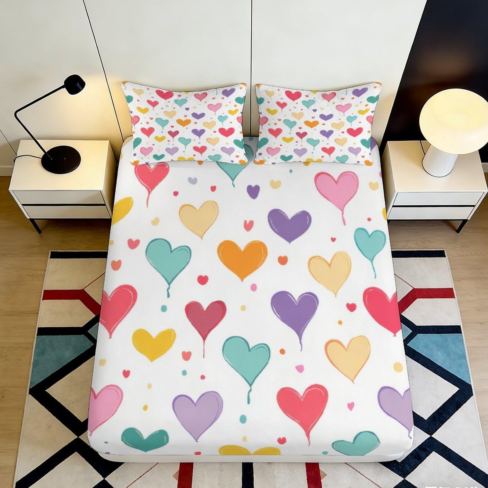 3D Printed Colorful Heart Balloon Fitted Sheet Microfiber Soft Non-Slip Bed Cover for Bedroom Dorm Mattress Protection Decor 120x200x25cm