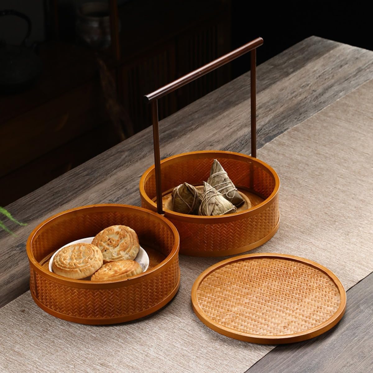 2 段式 手作り竹編 天然木・竹製蓋 籐のかご蓋付き お洒落でコンパクトなお弁当箱 ランチボックス ピクニック/寿司/お菓子/果物収 可愛いお弁当箱  竹製重箱 ランチボックス(サンドウィッチや軽食) 【Wixero】2 段式手作り竹編ランチボックス 天然木・竹製蓋 籐のかご蓋付き お洒落 コンパクト ピクニック 寿司 お菓子 果物