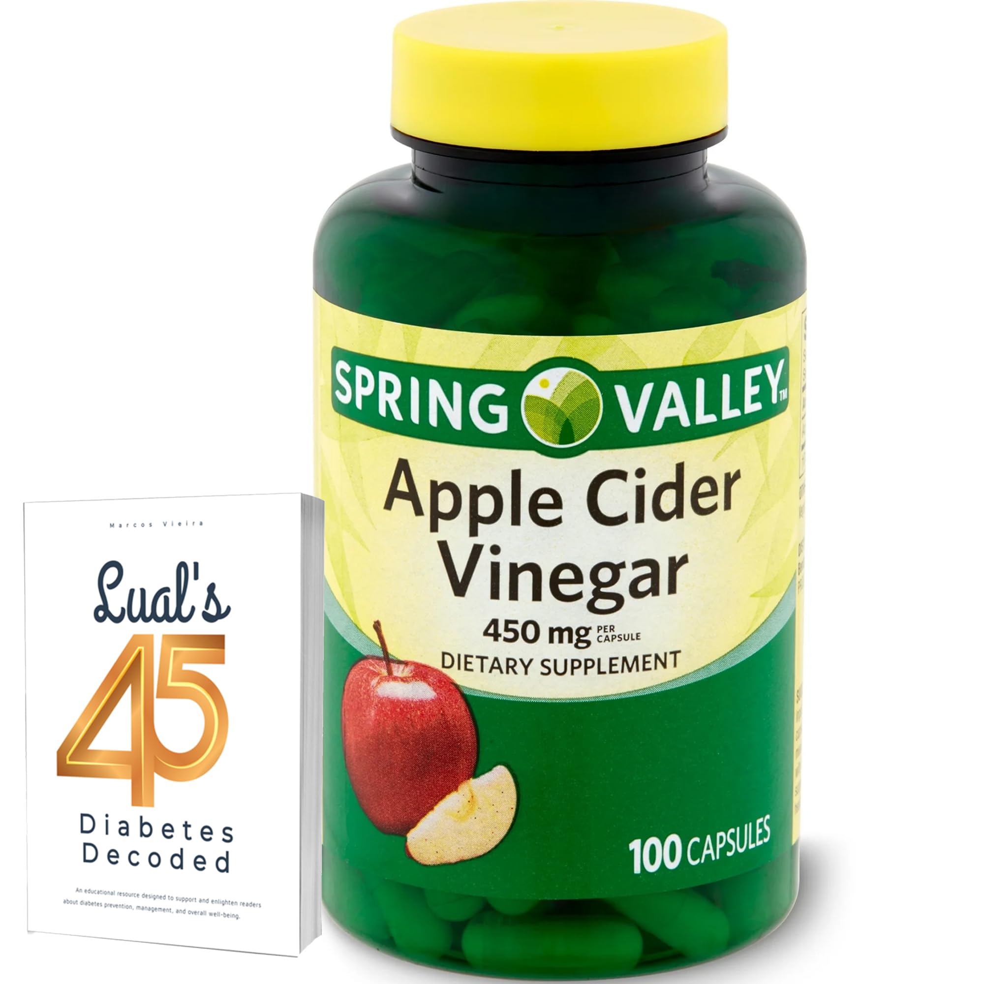 Apple Cider Vinegar 450mg. Spring Valley Apple Cider Vinegar Capsules 450 mg 100 Count, Non-GMO, Gluten Free Supplement Bundle with Luall's 45 Diabetes Decoded
