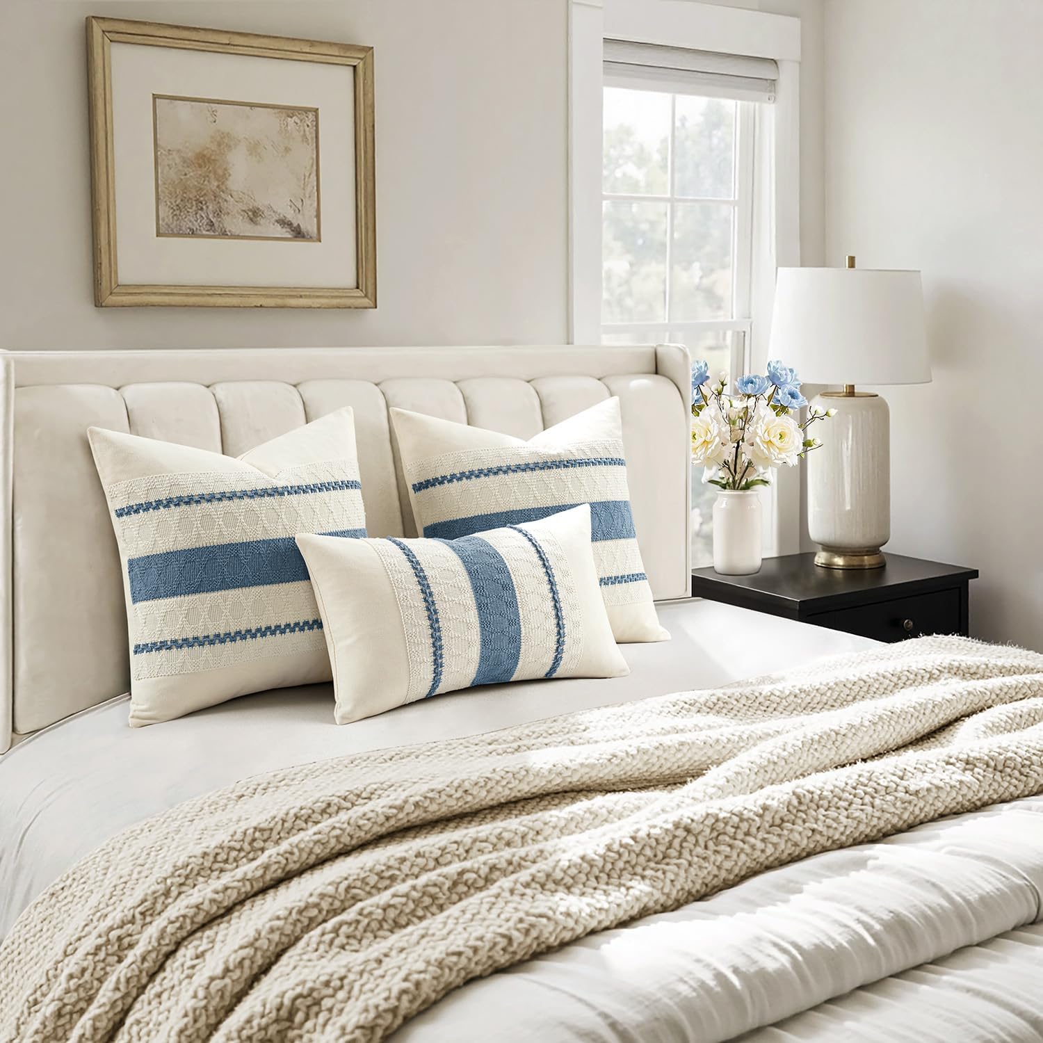 Woaboy Set of 2 Decorative Pillow Covers Boho Farmhouse Couch Throw Pillows Modern Cotton Cushion Covers Macrame Woven Spring Home Decor for Bed Sofa Chair 18x18 Inch Blue - Image 4