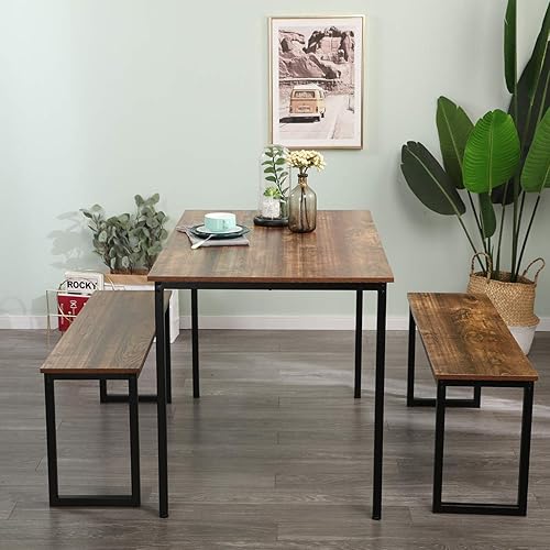 Miniatura 6 de SDHYL Juego de mesa de comedor de 45 pulgadas con 2 bancos, juego de mesa de comedor para 3, mesa de comedor rectangular pequeña de madera con 2