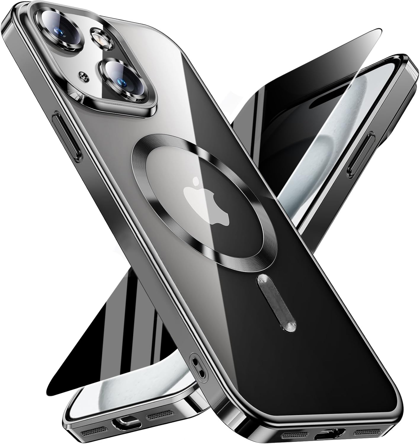 Magnetic for iPhone 15 Plus Case with Privacy Screen Protector &amp; Full Camera Cover,Compatible with MagSafe,[Non-Yellowing]Plating Soft Shockproof Clear Phone Case Women Girls for iPhone 15Plus,Black
