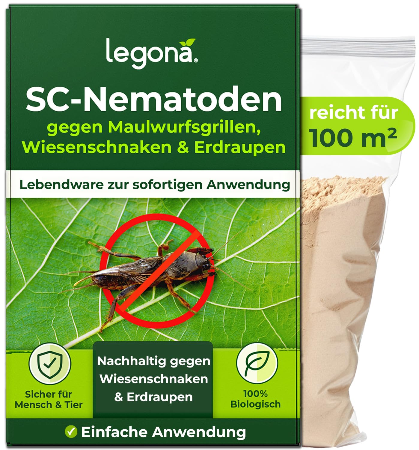 Legona SC-Nematoden gegen Maulwurfsgrillen und Wiesenschnaken, 50 Mio. für 100 m² oder 250 L Blumenerde, Steinernema carpocapsae