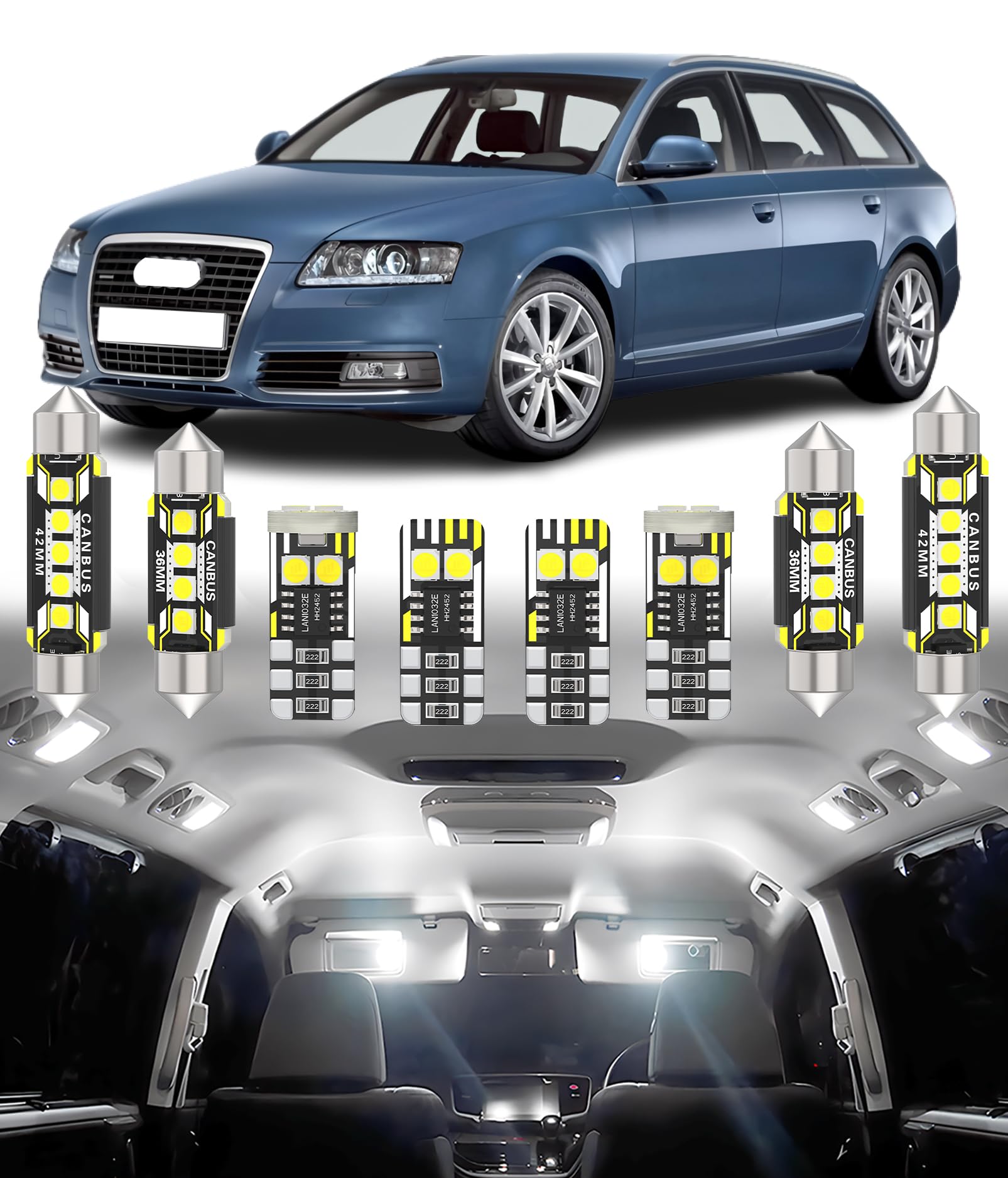 BMT xms 19pz Kit di Luci LED per Interni per AUDI A6 S6 RS6 C6 4F Sedan Avant 2005-2011, Lampadine LED per Interni Auto e Camion 6000K Bianco Luminoso
