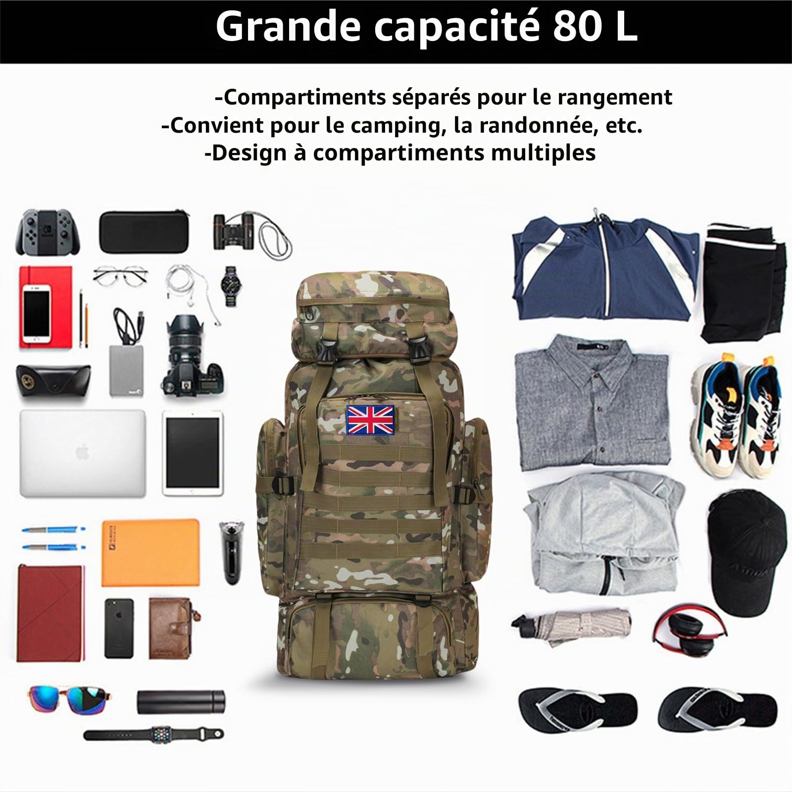 80L Waterproof Hiking Backpack, Lightweight Tactical Rucksack for Camping & Travel, Large Capacity, with 2 British Flags, Black (BLACK)