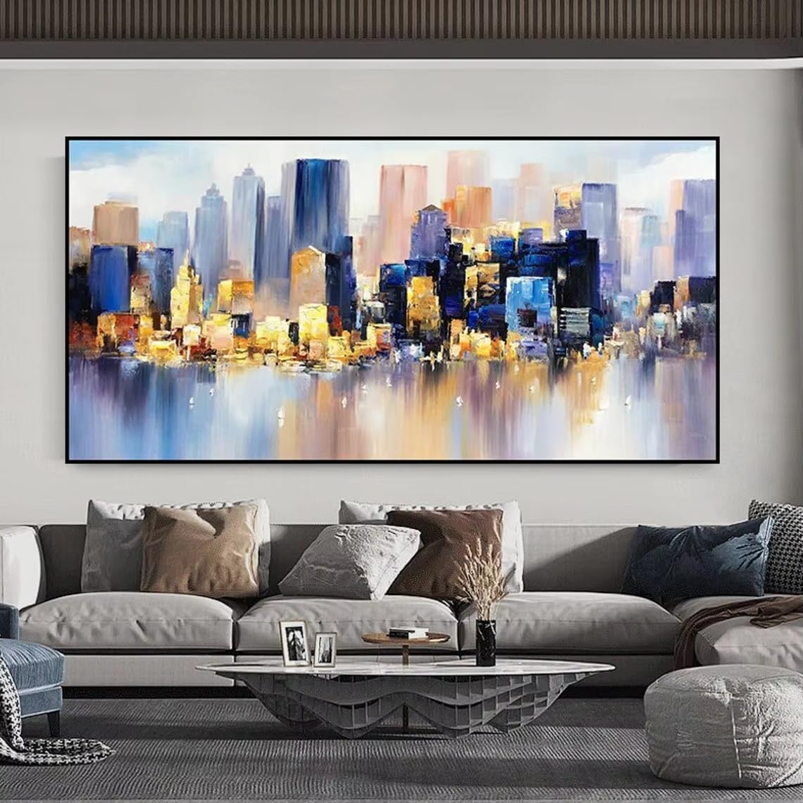 LTjiajuypd Quadro astratto su tela con paesaggio notturno colorato e skyline moderno, decorazione da parete per camera da letto e casa (70x140 cm)