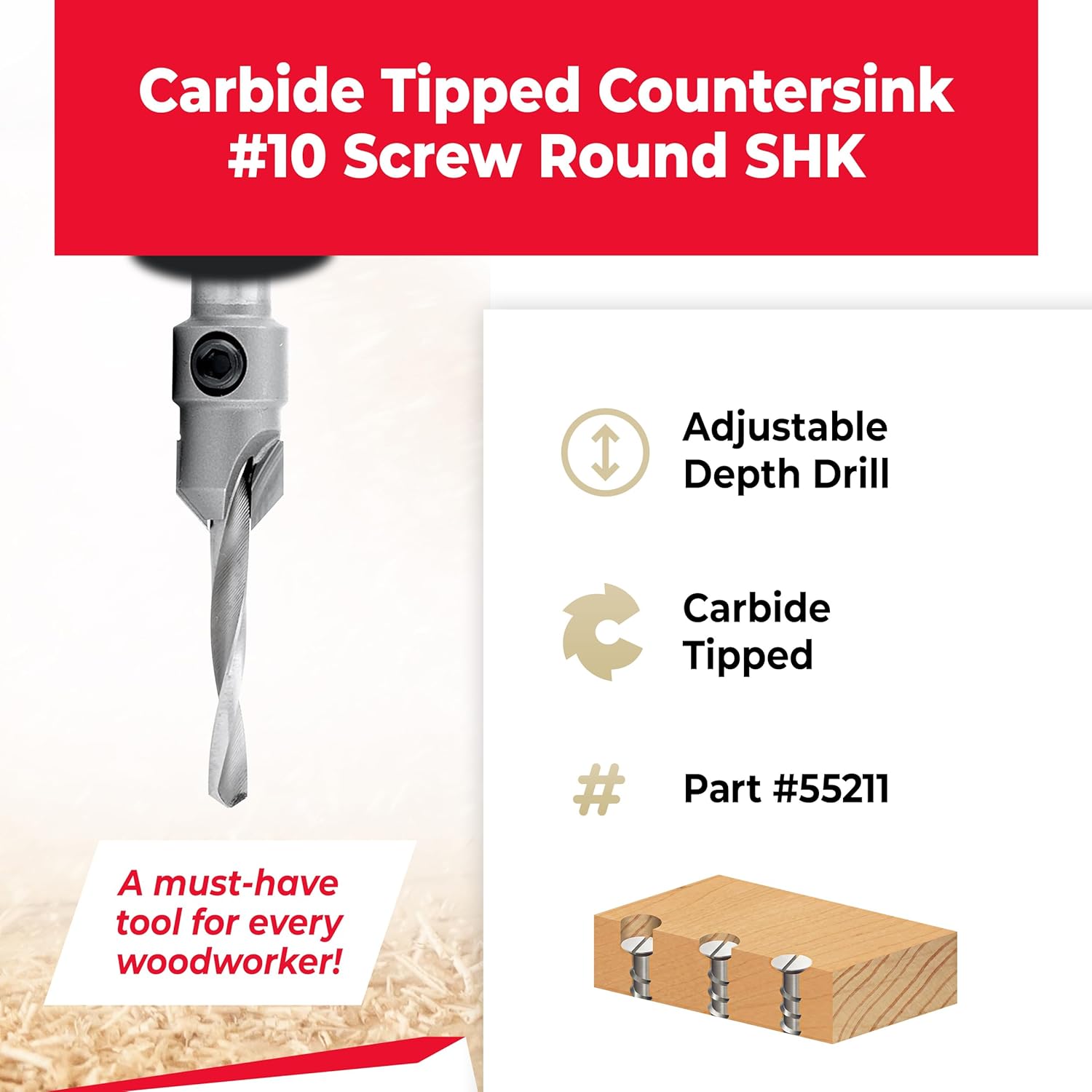 Amana Tool Carbide Tipped Countersink Drill Bit, 55211, 10 Screw, 1/2 Dia x 3/16 Drill Dia x 3/8 Round Shank