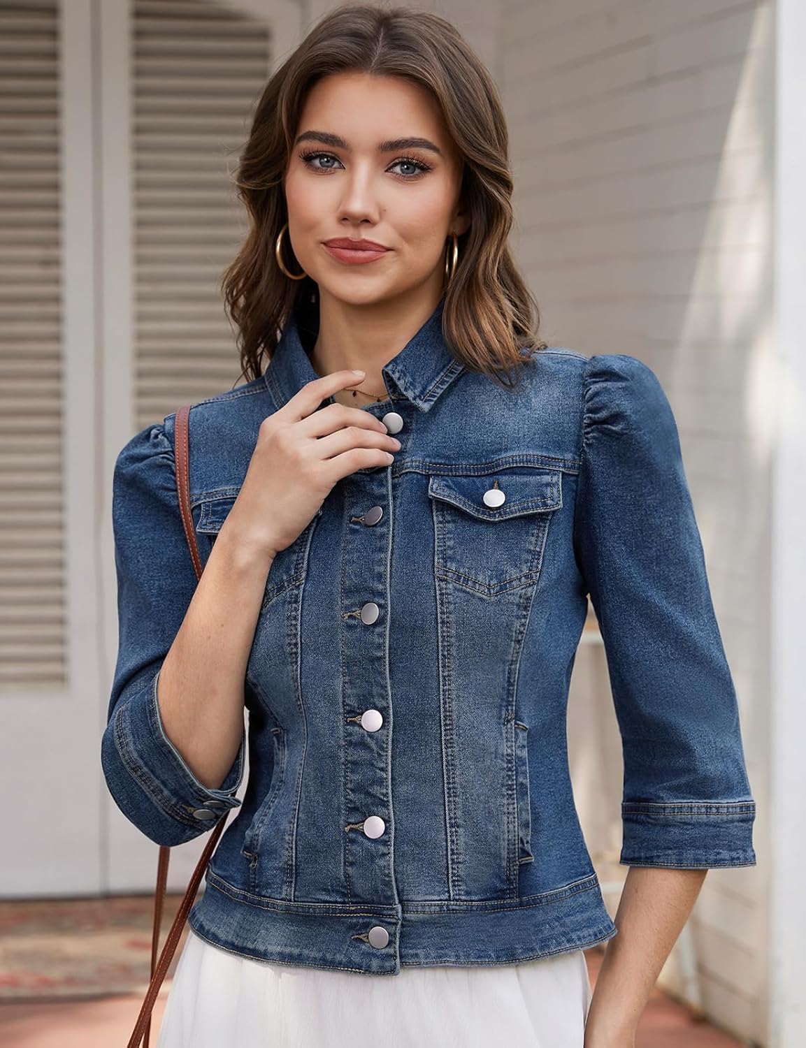 Anienaya Women's Jean Jacket Cropped Denim Jacket Stretchy 3/4 Puff Sleeve Distressed with Pockets