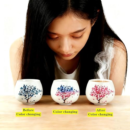 Miniatura 4 de Taza de té de cerámica con diseño de flores de cerezo sensible que cambia de calor, taza de café mágica única para regalo de San Valentín (5 onzas)
