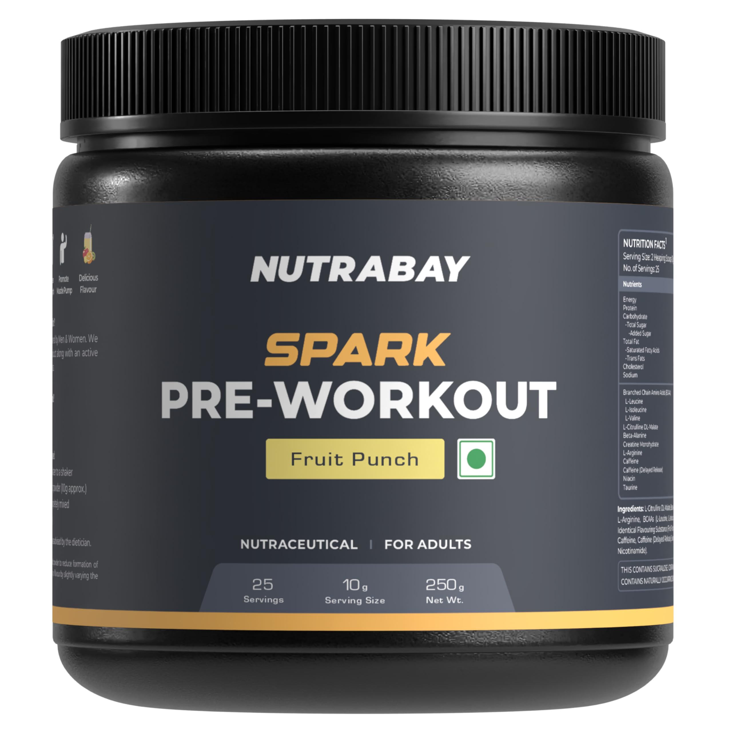 Nutrabay Gold Spark Pre Workout Supplement Powder - 250g, Fruit Punch | 300mg Caffeine, 1000mg L-Arginine, 3000mg Beta Alanine, 2500mg Citrulline Malate | Muscle Pump & Performance | For Men & Women