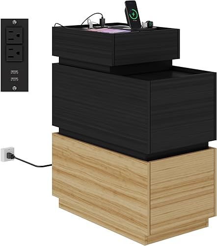 UEV Mesa auxiliar con estación de carga, mesita de noche con cajones y almacenamiento, mesa auxiliar estrecha con puertos USB y tomas de corriente