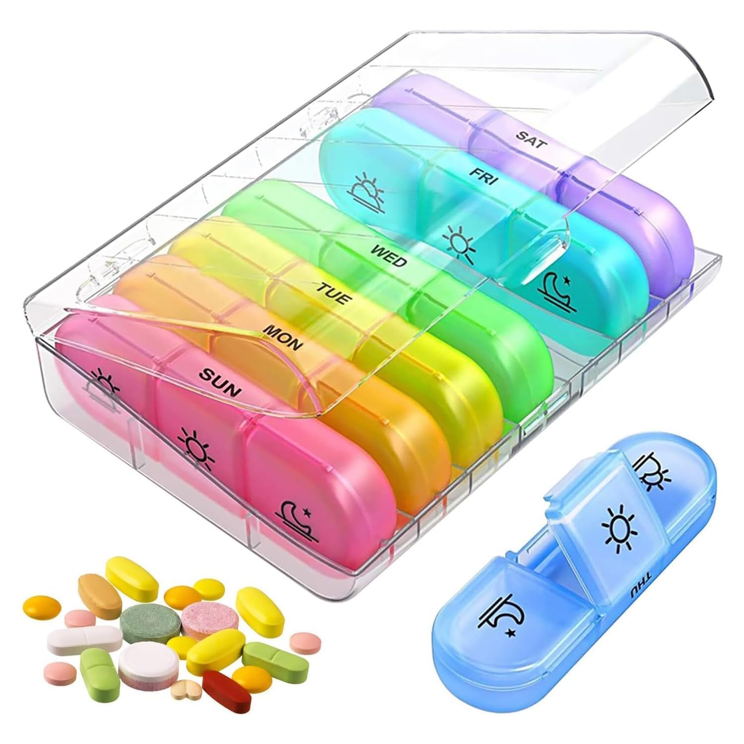 Pill Organizer Box 3 Times a Day – Weekly Medicine Organizer 7 Day Tablet Box for Pills, Vitamins & Supplements – Travel Pillbox Dispenser for Daily Home Use, Medicine Box Organizer (Multicolor)-image-15