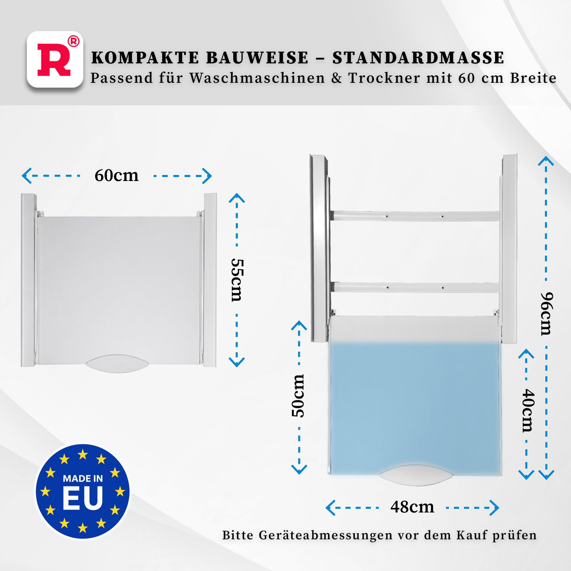 ROLLER Kappatos Zwischenbaurahmen Waschmaschine Trockner mit Schublade | Aluminium Verbindungsrahmen, 60x60 cm, Stapelrahmen Universal, 100 kg Tragkraft, Made in EU, Vormontiert