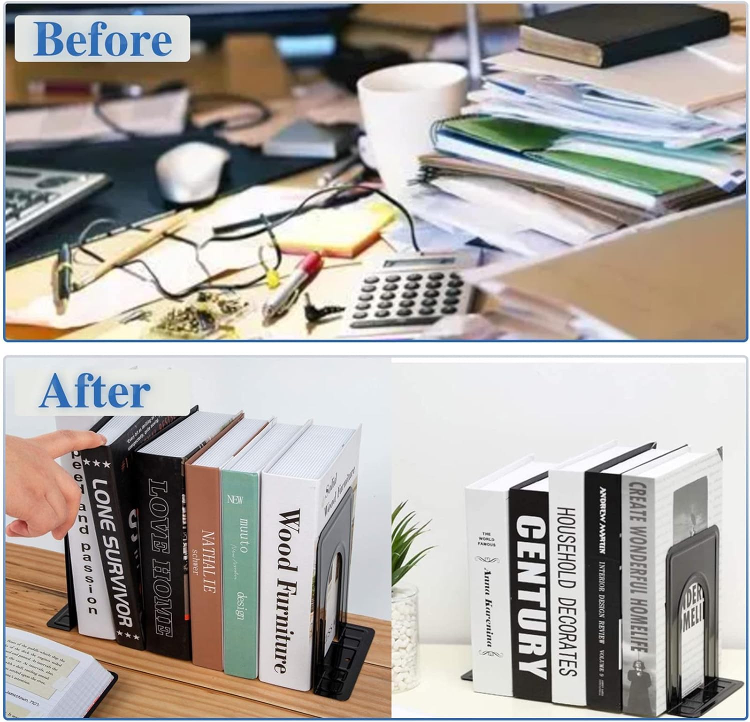 FRENYEAR Metal Non-Slip Bookend Pair Bracket Heavy Book End Office Book Stopper Desk Organizer Book Holder Bookends Office Accessories (Black) 2