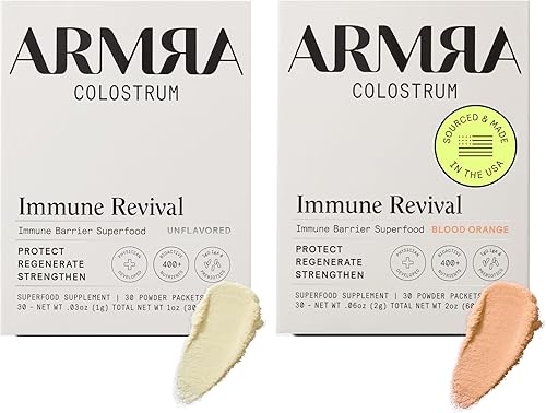 ARMRA Colostrum Polvo premium, alimentado con hierba, salud intestinal, hinchazón, inmunidad para la piel y el cabello, contiene más de 400
