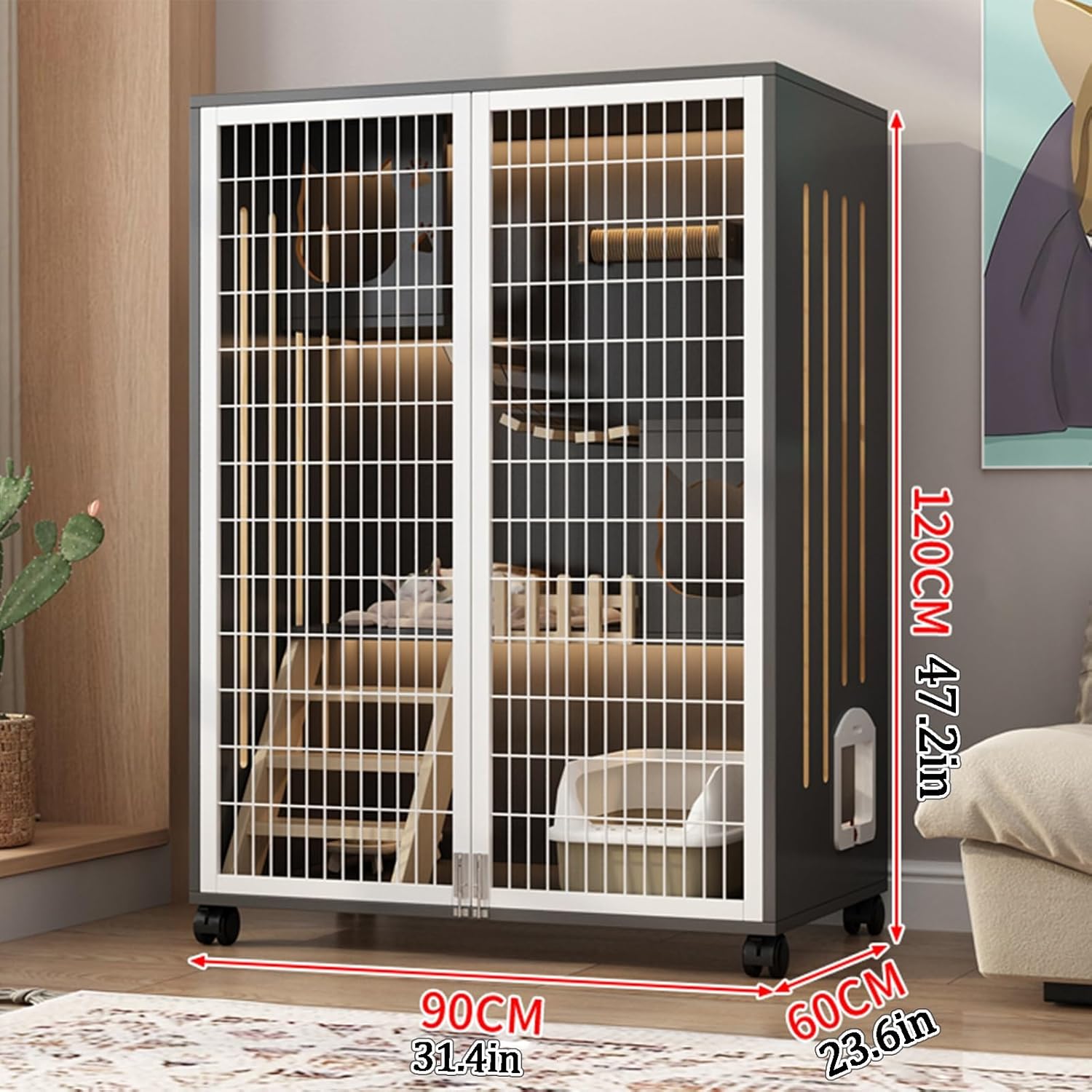 Cat Playpen, Panoramic see-through Cat Enclosures, Indoor luxury cat villa, DIY cat playpen, Hollow design on both sides to avoid stuffiness, for indoors or outdoors(White+Black,35.4x47.2)