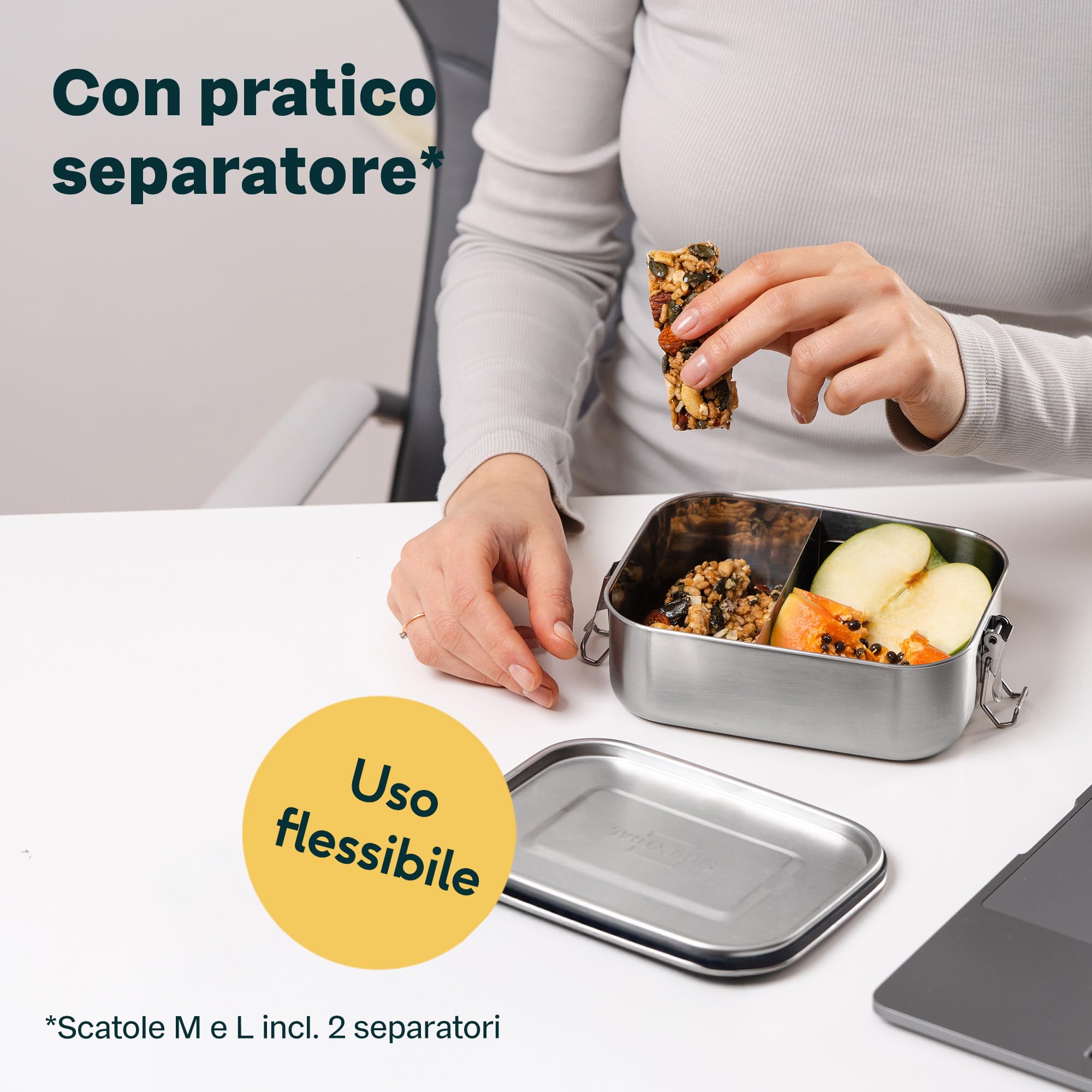 SILBERTHAL Set 3 porta pranzo inox 800/1200/1400ml - Ermetici Lunch box | 800,1200 e 1400 ml - Ermetico con 2 divisori - Acciaio inox - Ermetico e antigoccia - Divisore rimovibile