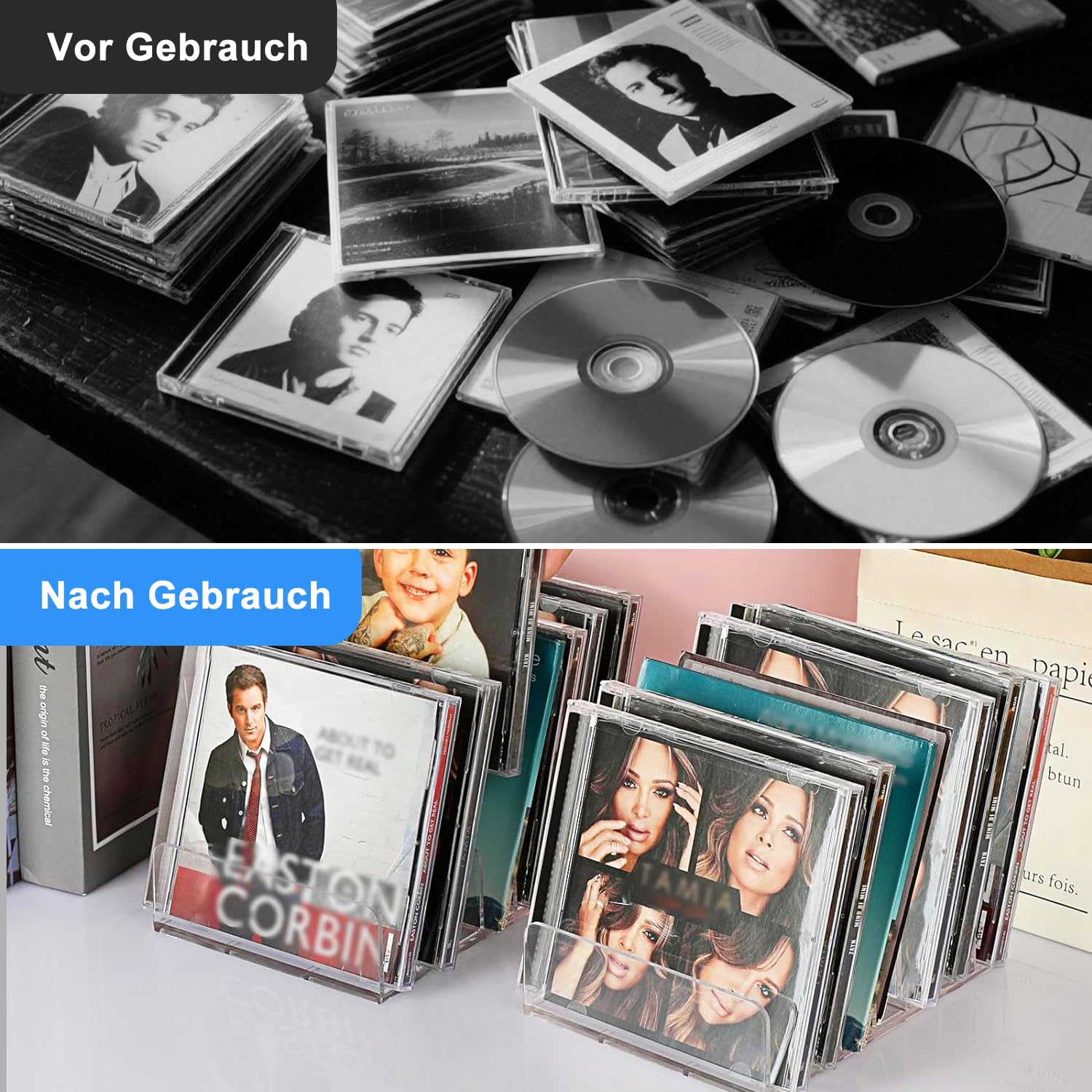 Porta-CD trasparente, 4 pezzi, in acrilico, per CD, CD, DVD, organizer per cosmetici, vassoio CD per cassette, cassette da gioco, libri