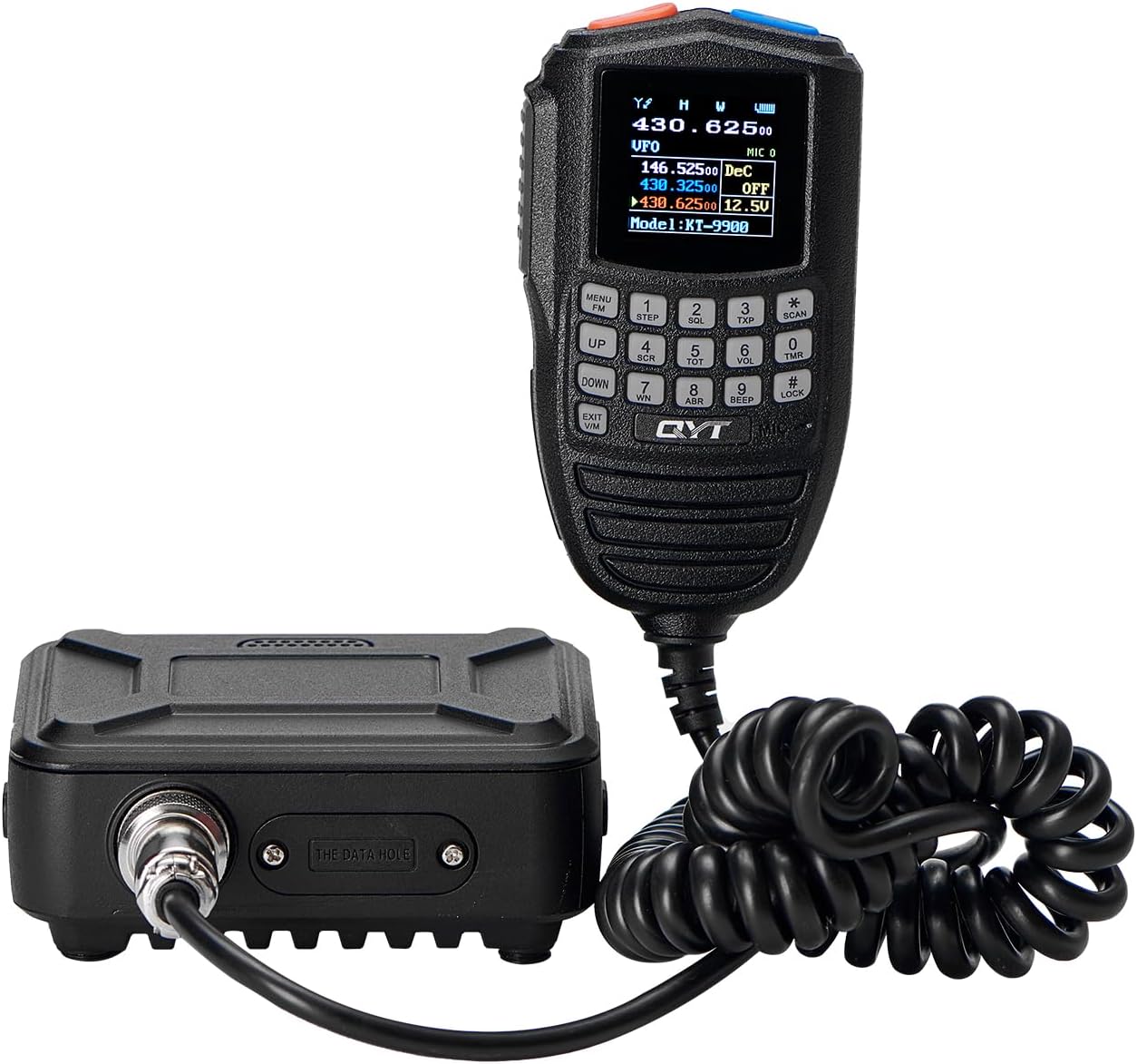QYT KT-9900 mobile radio with hand microphone connected.